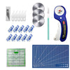 A set of 45mm rotary cutters, a cutting mat, and various craft accessories including blades and rulers.