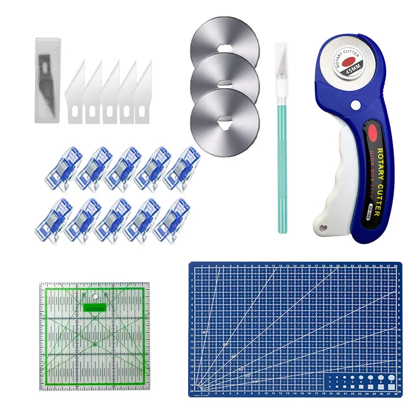 A set of 45mm rotary cutters, a cutting mat, and various craft accessories including blades and rulers.