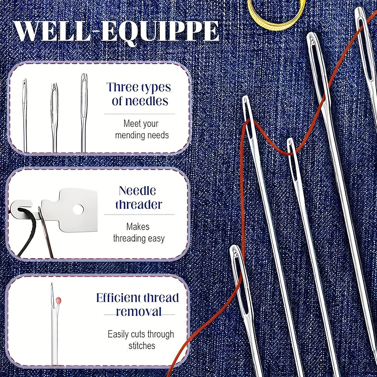 A set of professional hand sewing needles and a needle threader for mending needs