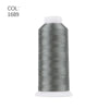 A roll of gray polyester embroidery thread with a white core.