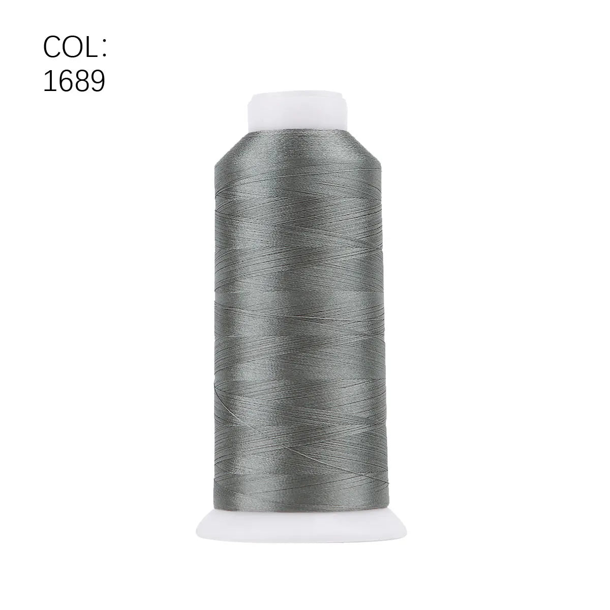 A roll of gray polyester embroidery thread with a white core.