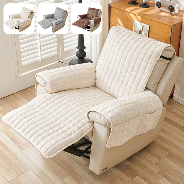 A beige quilted stretch recliner cover with storage pockets shown in various angles next to a wooden cabinet.