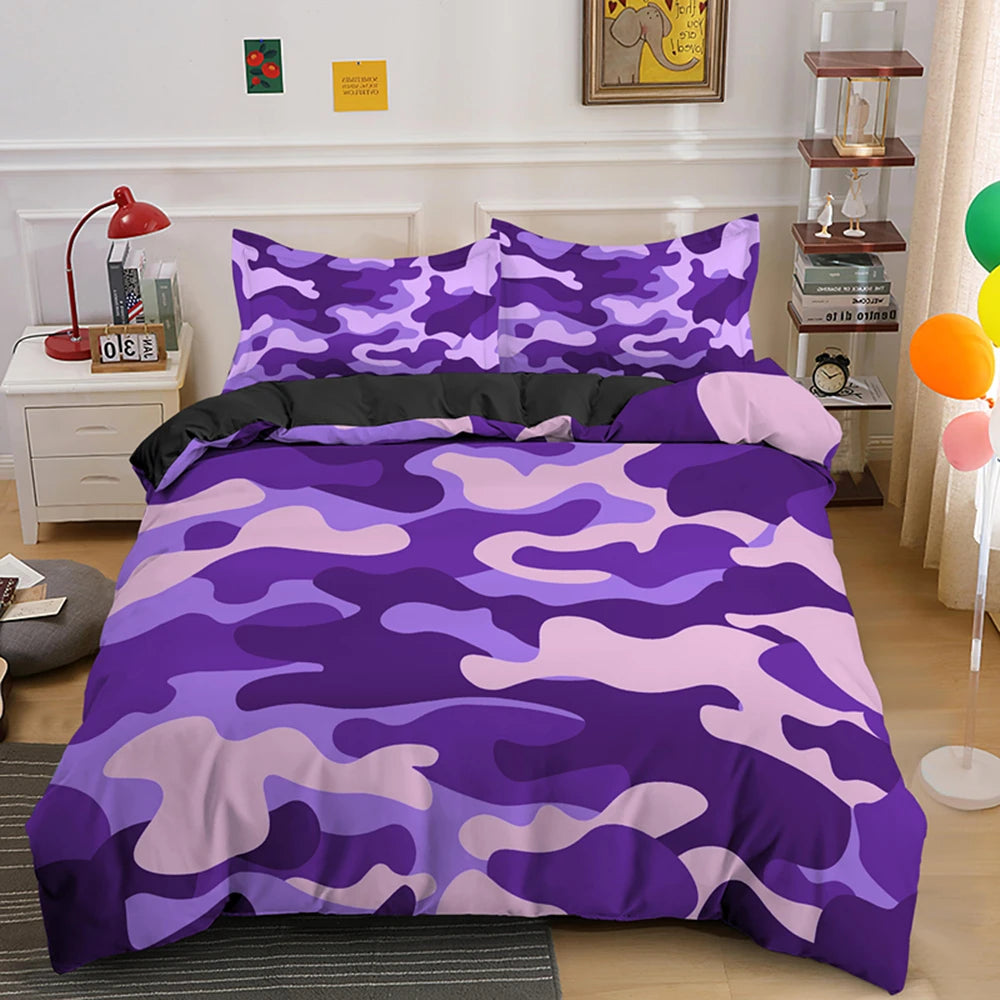 Purple and pink camouflage duvet cover set displayed on a bed with white nightstands.