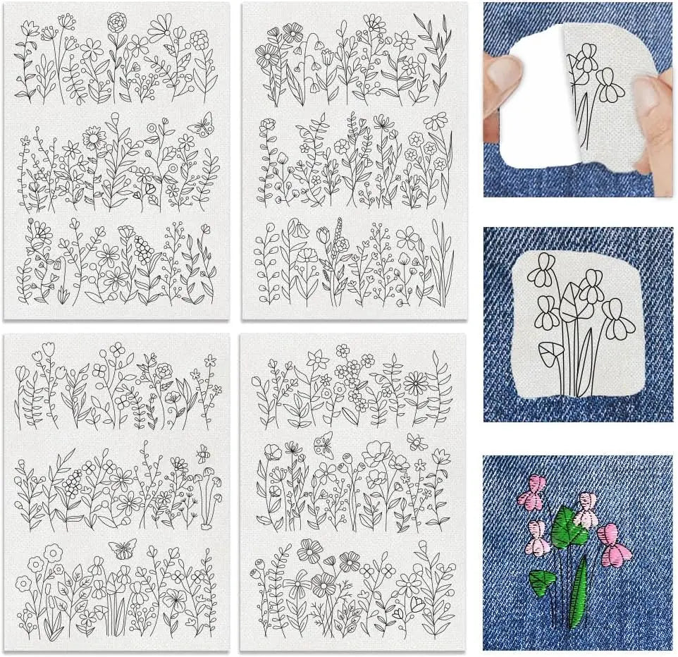 A collection of black and white line drawings featuring various floral and plant patterns for embroidery.