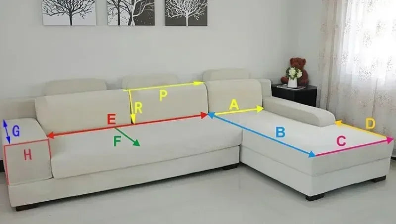A white plush sofa cover is shown with various labeled sections (A-G) demonstrating its features.