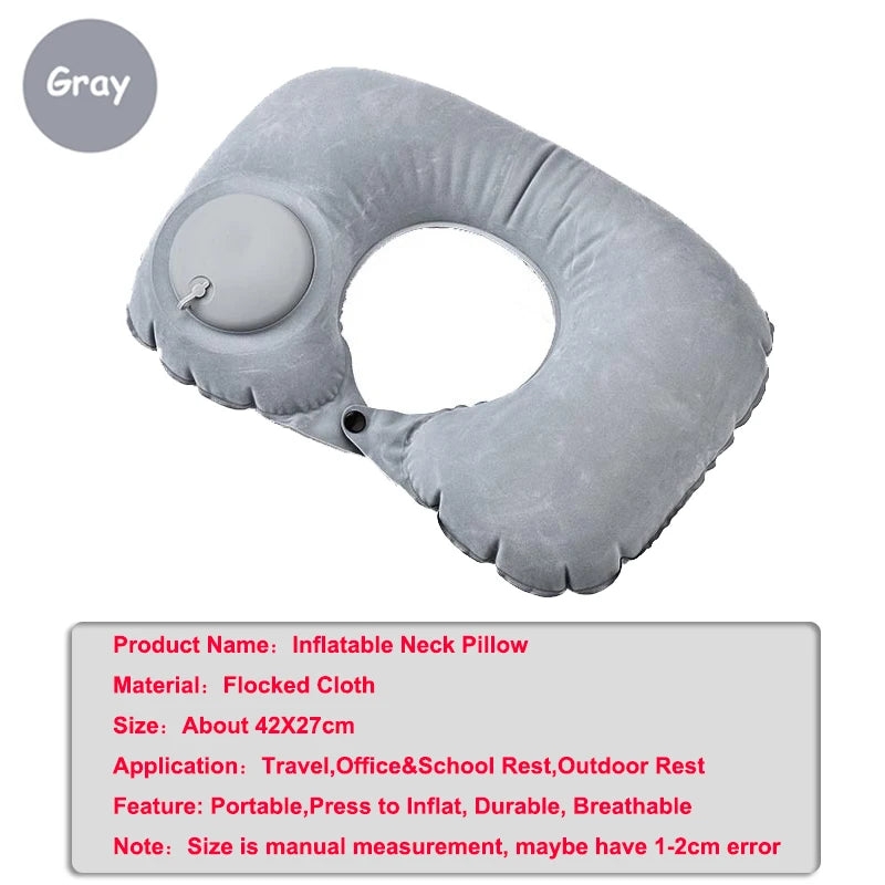 Gray inflatable neck pillow with a U-shape design for travel and rest