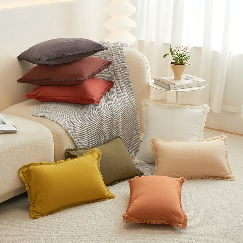 Washed Cotton Solid Cushion Cover with Tassel Fringe