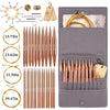 Aluminum circular needle set with various sizes and a storage case featuring a gold cord.