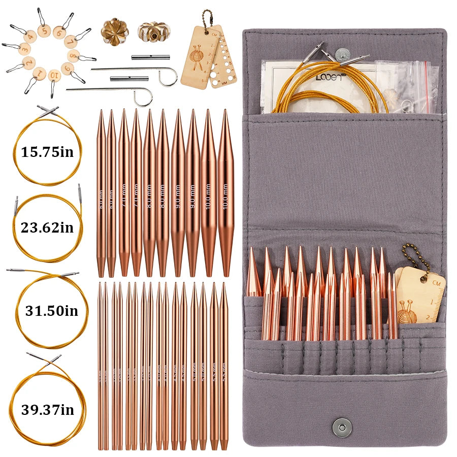 Aluminum circular needle set with various sizes and a storage case featuring a gold cord.