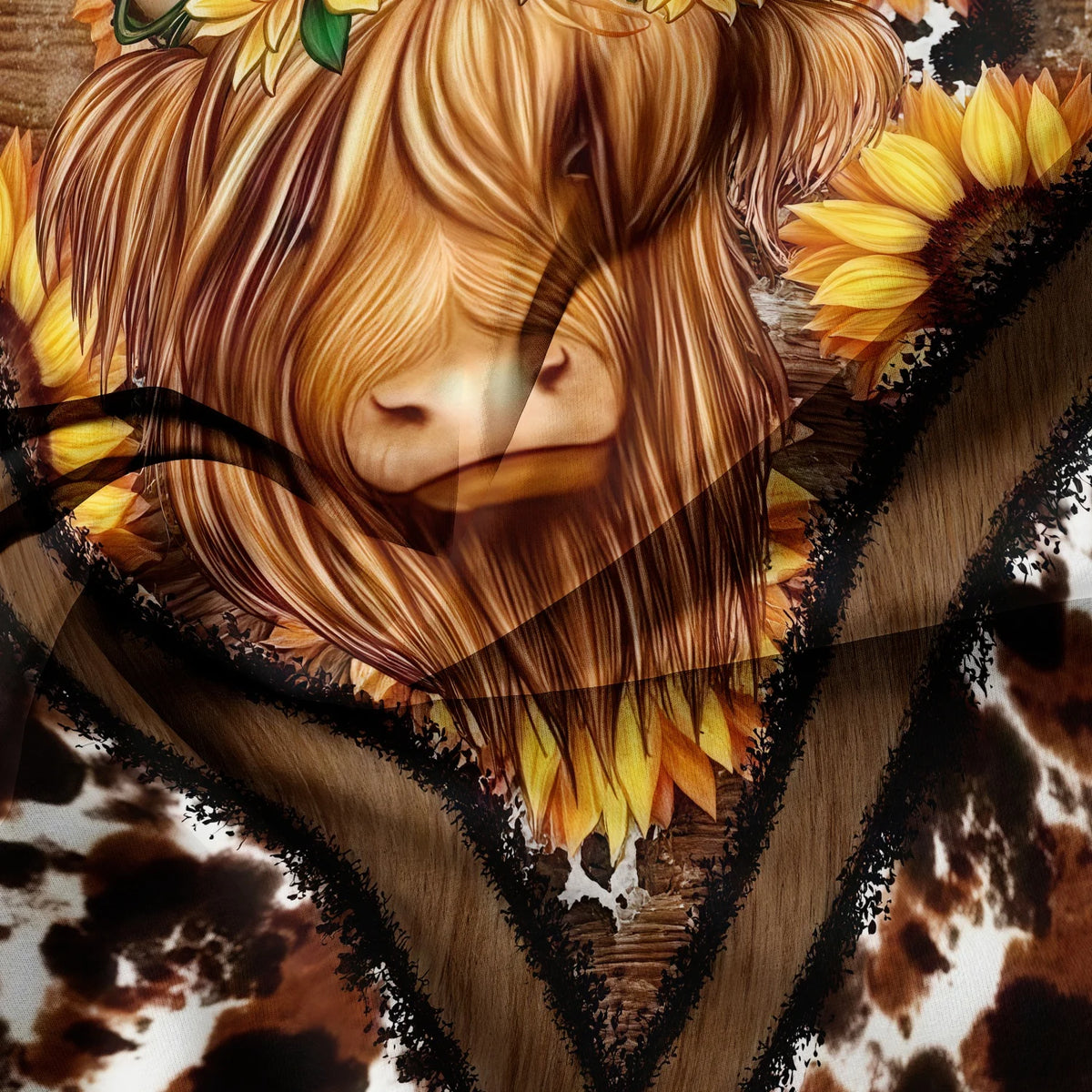 Close-up of a face emerging from golden hair surrounded by sunflowers on Highland cow print bedding.