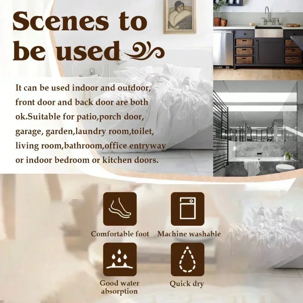 A set of anti-slip welcome doormats showing comfortable feet, machine washable features, good water absorption, and quick dry