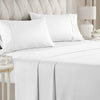 White luxury microfiber bed sheet set with deep pockets and decorative piping on a bed.
