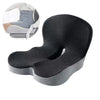 A black ergonomic memory foam car seat cushion shown with a folded example.
