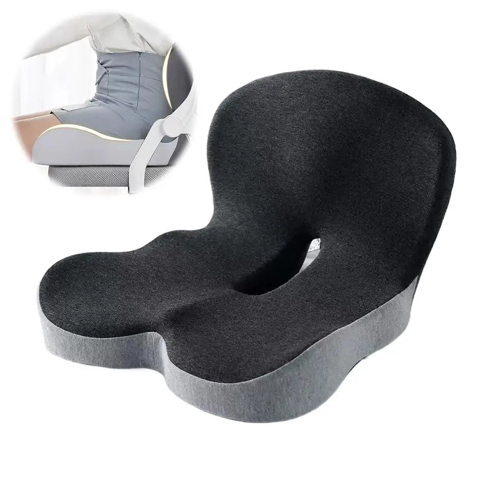 A black ergonomic memory foam car seat cushion shown with a folded example.