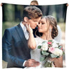 A bride and groom embracing in a portrait photo, featuring soft lighting and natural outdoor scenery.