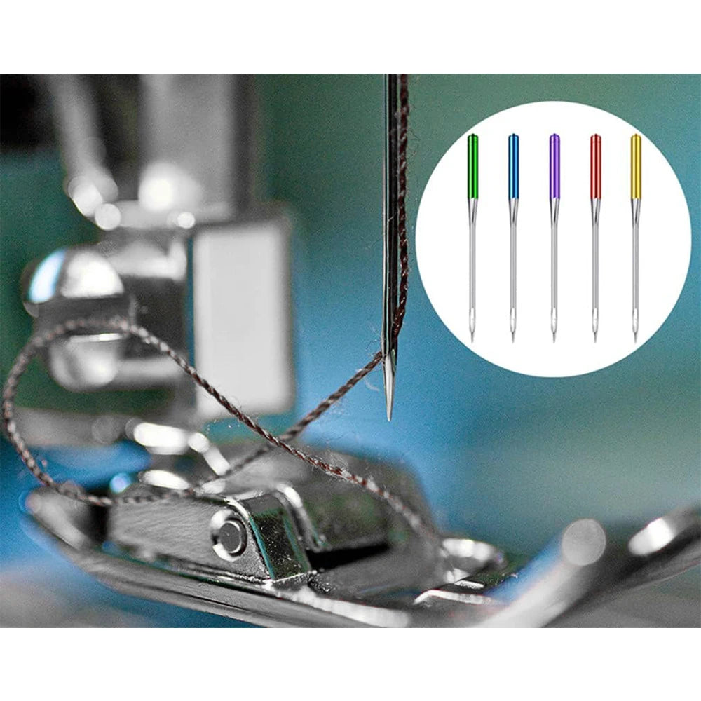 A close-up of a precision sewing machine holding a set of colored anti-jump needles.