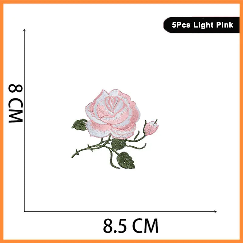 Set of 5 light pink embroidered rose patches for iron-on use