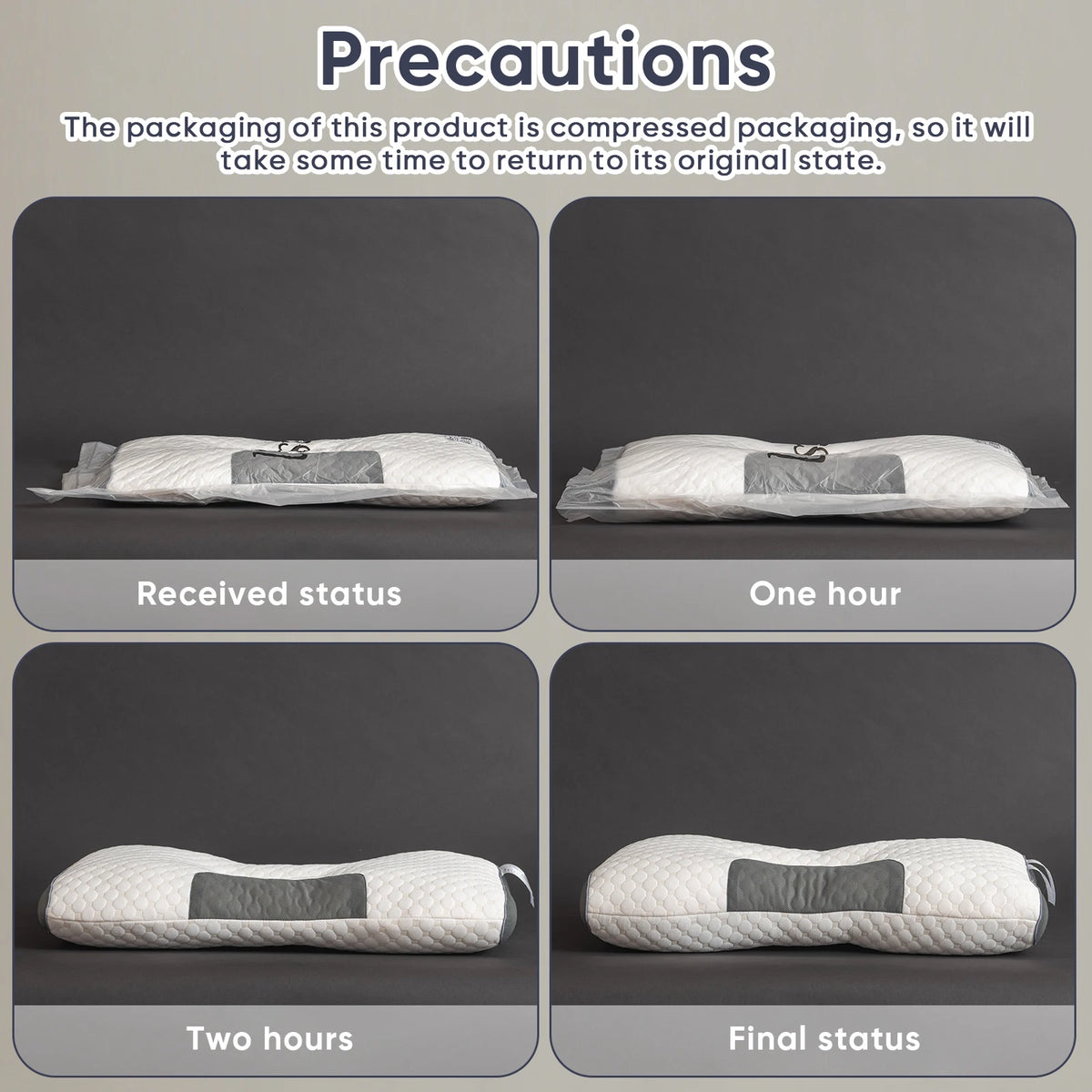 Diagram showing the process of a compressed packaging product returning to its original state over one and two hours.