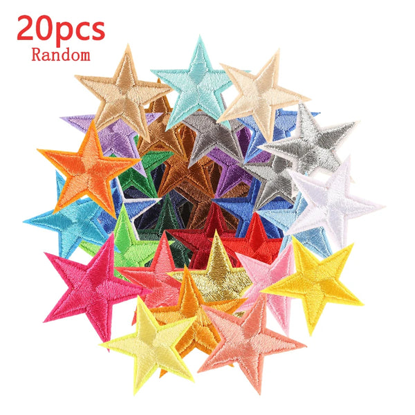A collection of 20 random five-pointed star embroidery patches in various colors and shades.