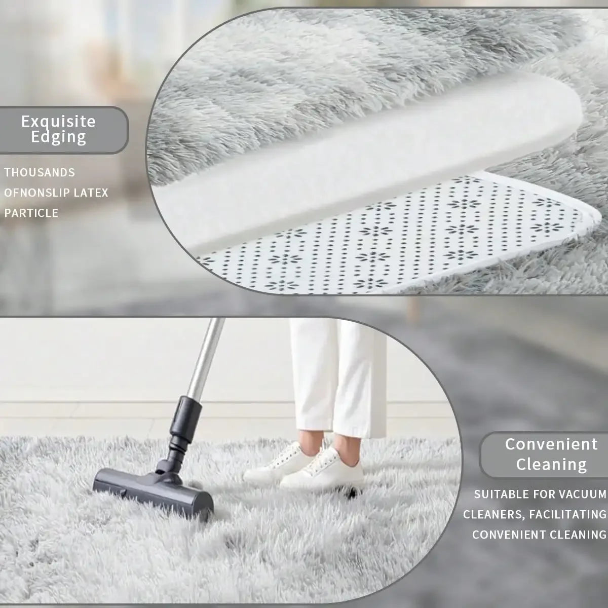 A white cleaning tool is shown being used on a gray faux fur rug, demonstrating convenient cleaning.