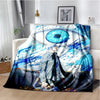 A throw blanket featuring a large blue eye design with an anime character in a dark outfit.