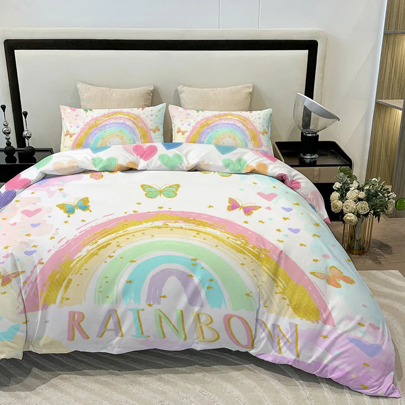 A pink and multicolored rainbow themed quilt cover set featuring butterfly patterns on a bed.