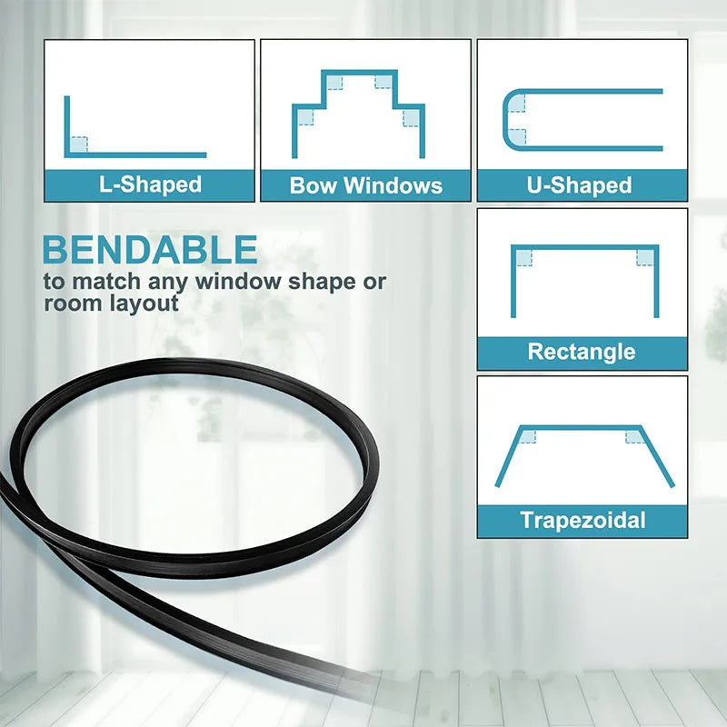 A flexible black bendable curtain track with various window shapes shown alongside examples of L-shaped, bow, U-shaped, recta