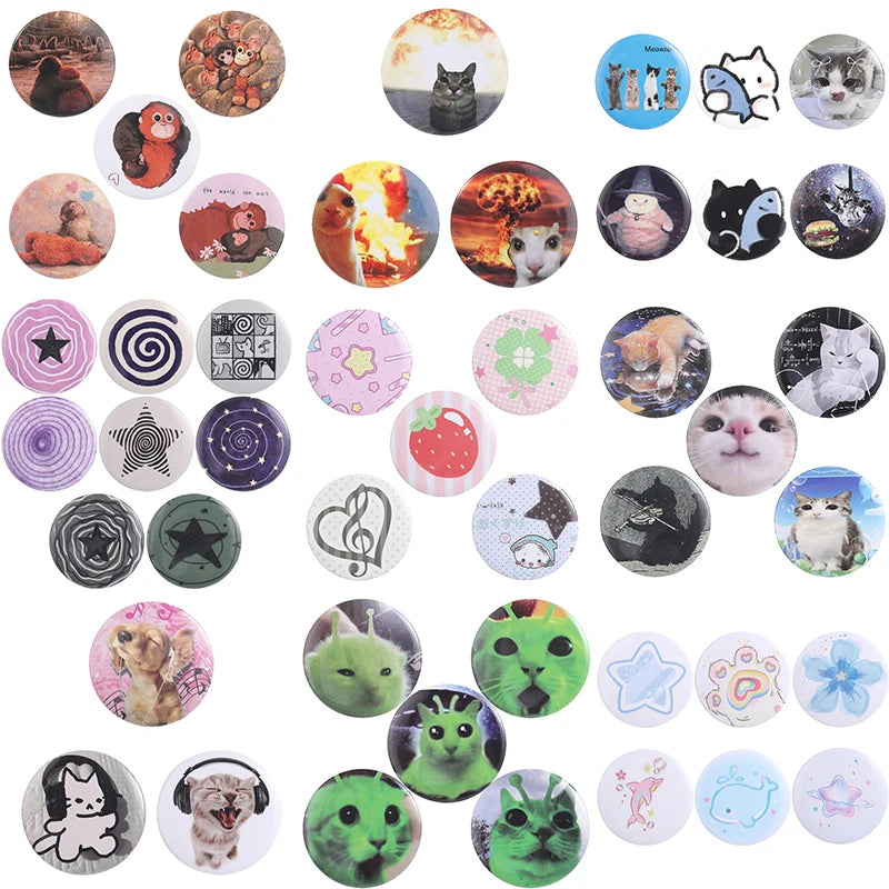 A collection of funny tinplate pin brooches featuring various animals and music themes.