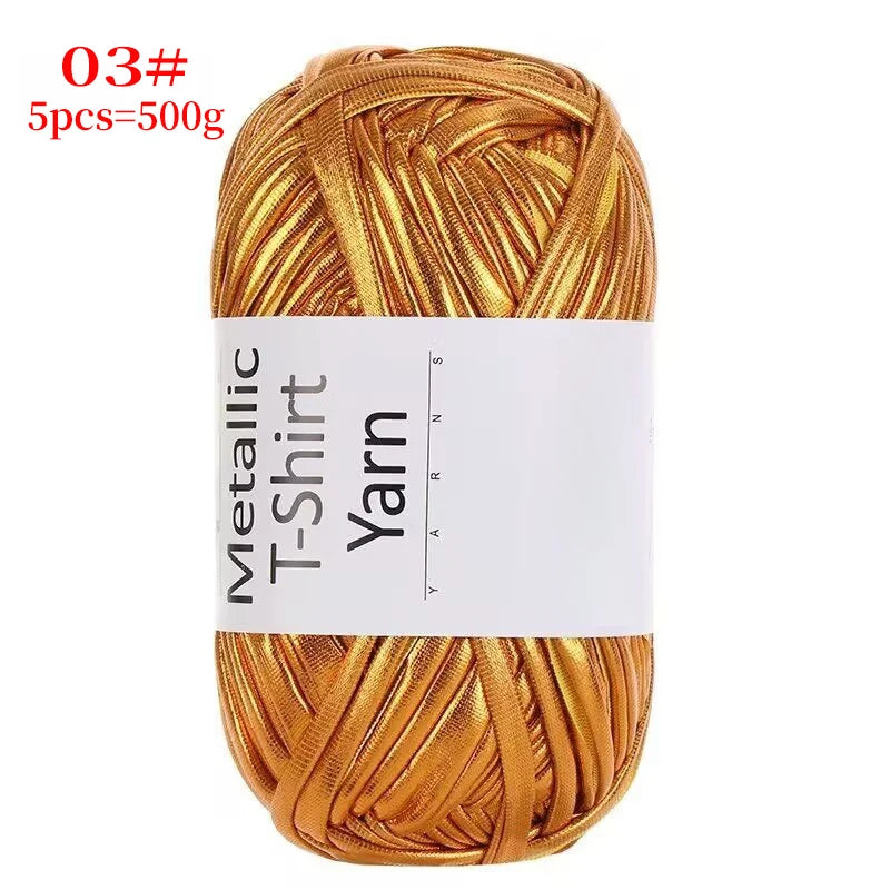 Spool of metallic gold T-shirt yarn for crochet and DIY crafts