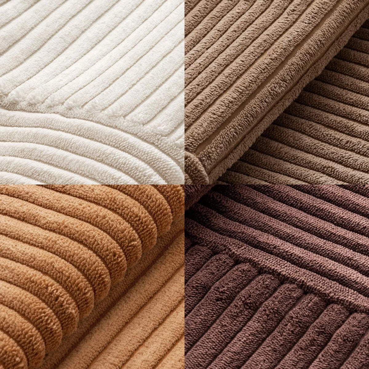 A close-up view of four neutral corduroy throw pillow covers in various shades and textures.