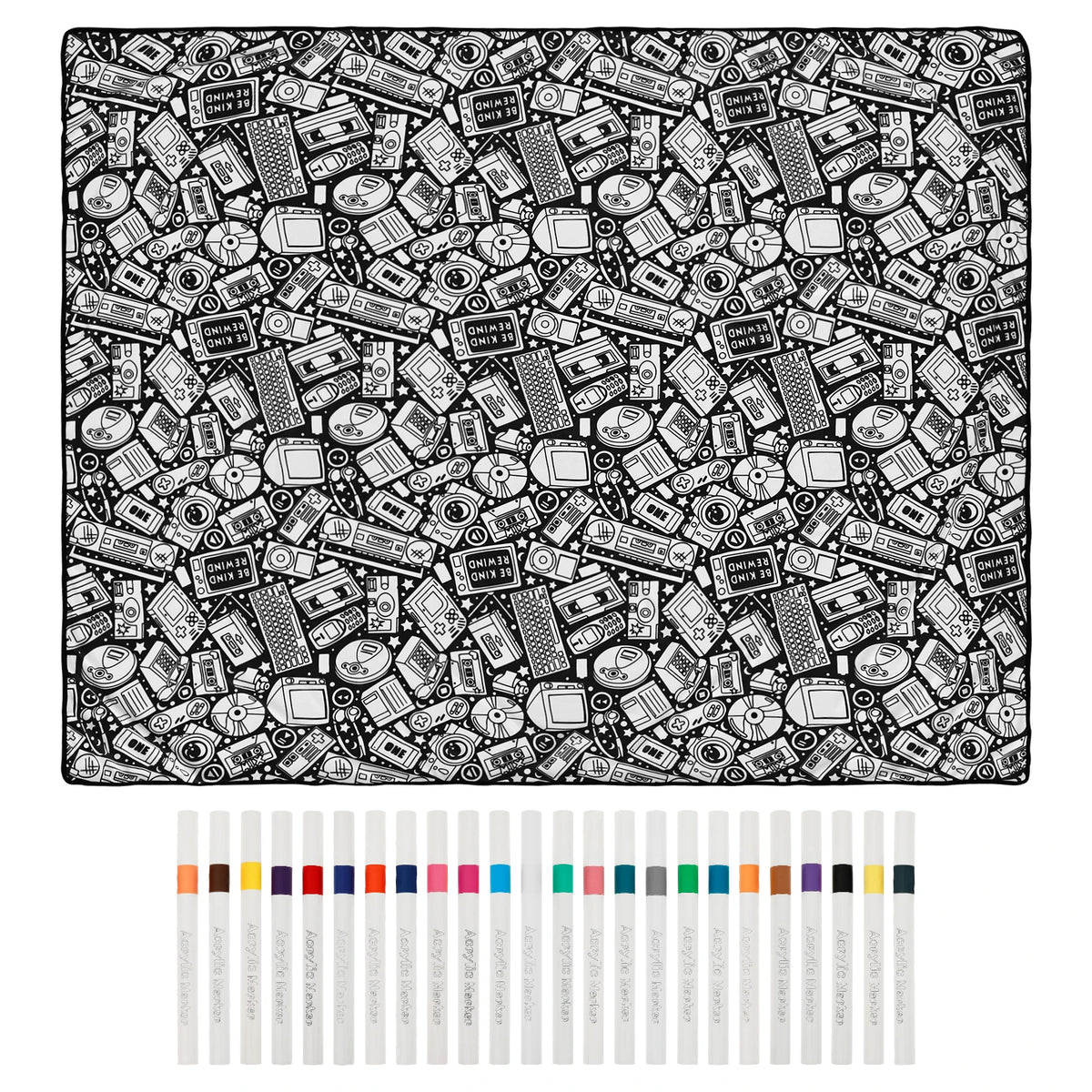 A sheet of black and white pattern featuring various small icons and tools for a DIY coloring blanket with art markers.