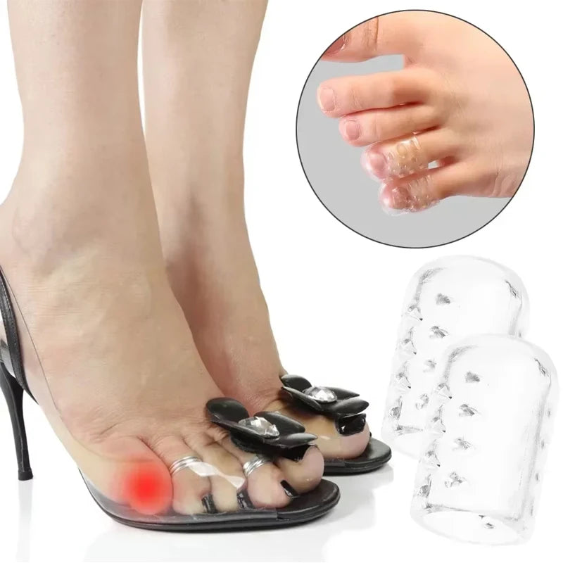Transparent silicone toe and finger protectors shown on a foot, with a hand showing the protective material.