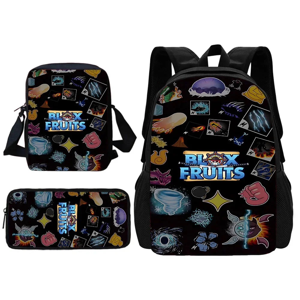 A set of a black cartoon kids backpack, shoulder bag, and pencil case featuring colorful fruit designs.