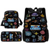 A black cartoon school backpack set featuring a backpack and a separate pencil case decorated with various fruit-themed graph
