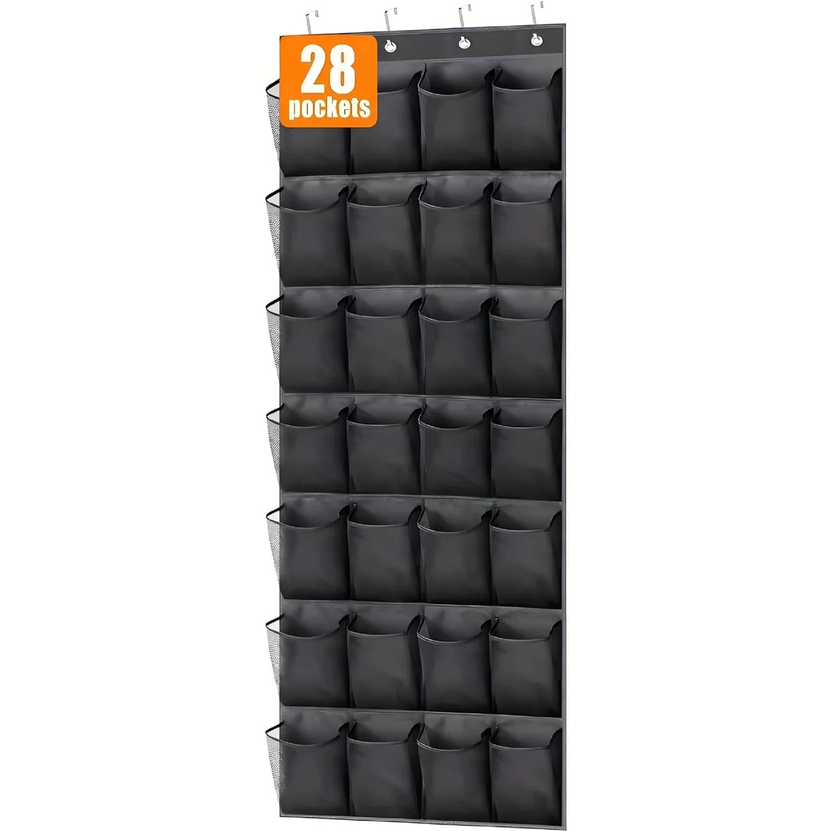 Black over-the-door shoe organizer with 28 pockets for shoe storage