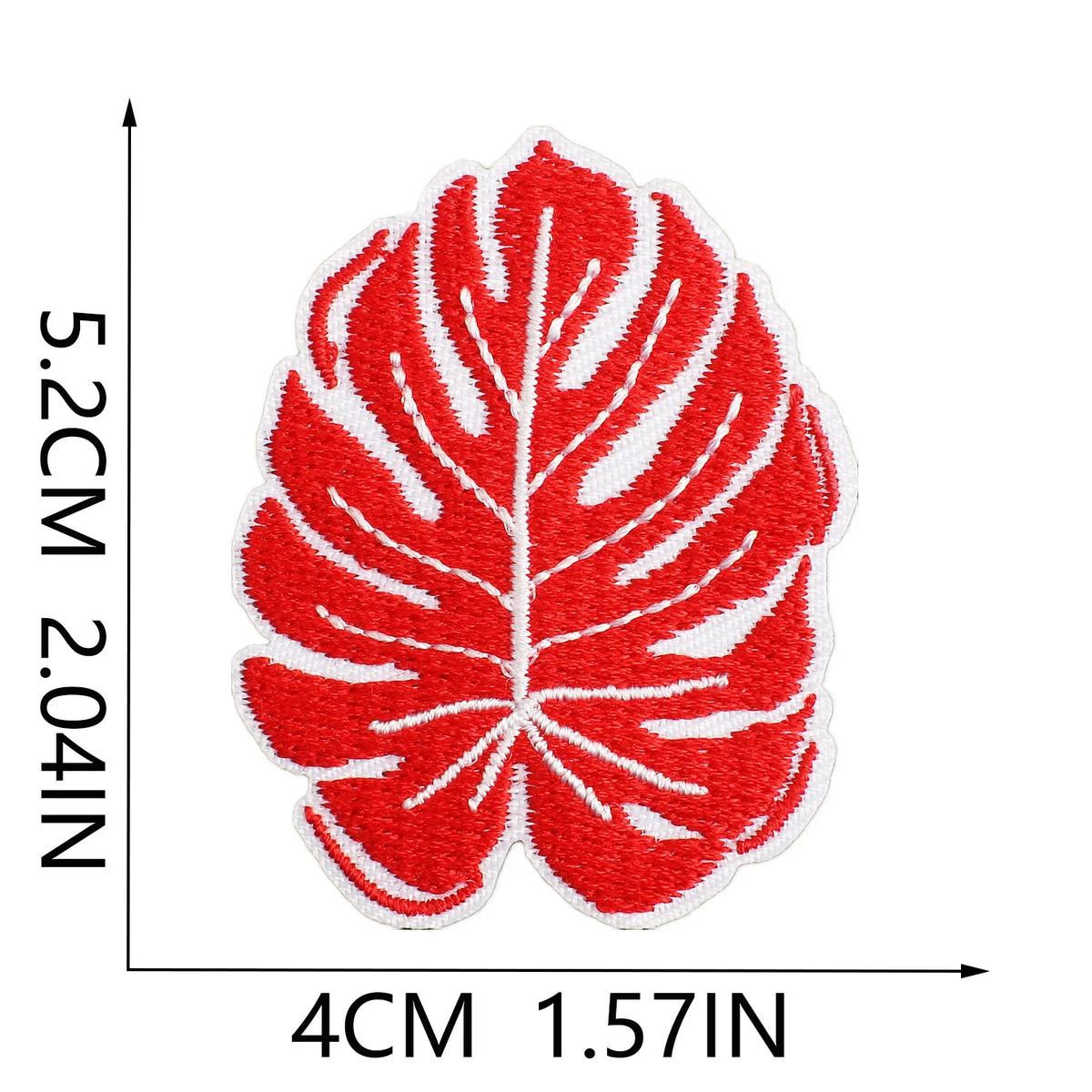Red embroidered iron-on patch shaped like a tropical leaf with white veins.