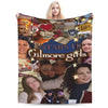 A cozy knit throw blanket featuring a collage of young women and stars with the title Gilmore girls