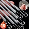 A set of ten stainless steel rope threading and drawstring tools being held by a hand.