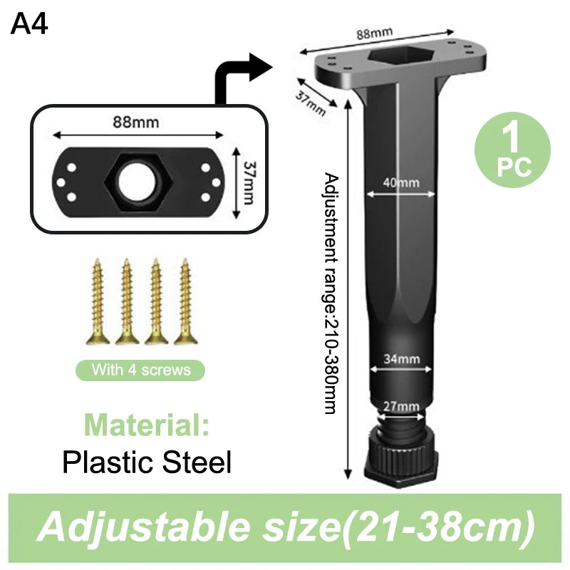 A set of heavy-duty adjustable furniture support legs made of plastic steel with an 88mm mounting plate and a variable height