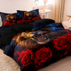 A dark bedding set featuring a print of a fierce golden wolf surrounded by red roses.