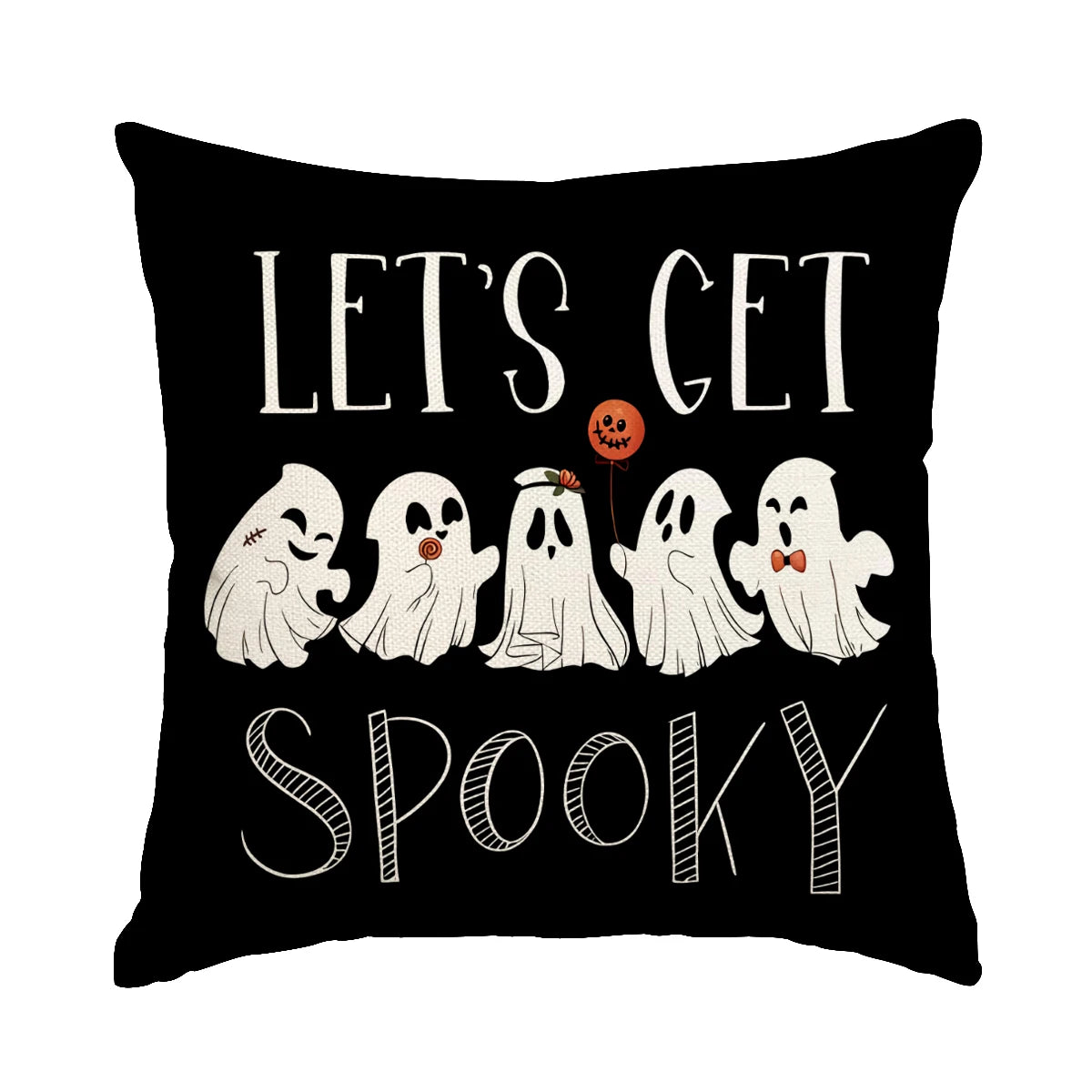 Black pillow cover featuring a graphic of several ghost figures with Halloween theme