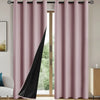 A pair of floor-length mauve blackout curtains hanging in a doorway.