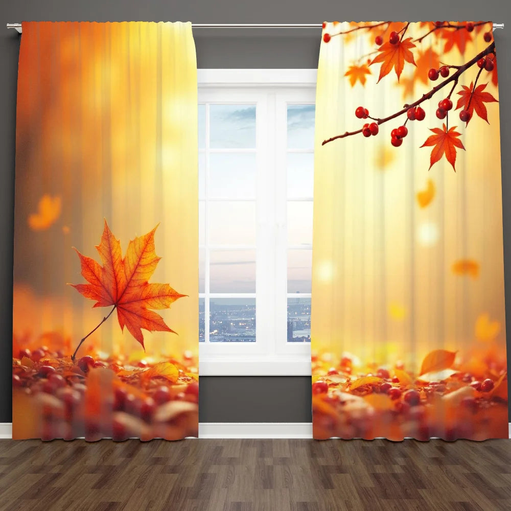 Set of two sheer curtains featuring an autumn maple leaf print with warm orange and yellow tones.