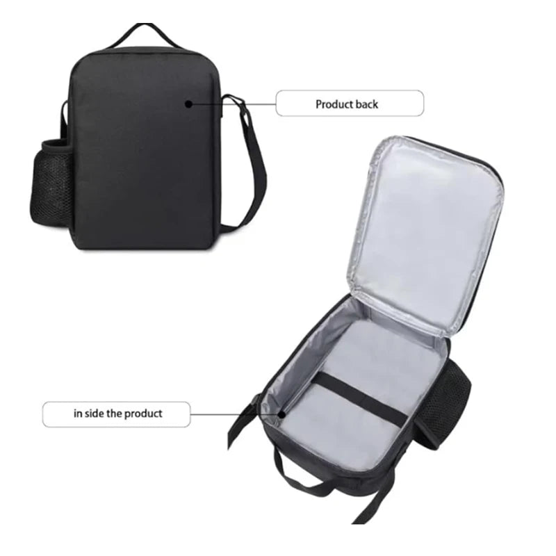 Black kids multi-compartment backpack set shown with the back and front view.