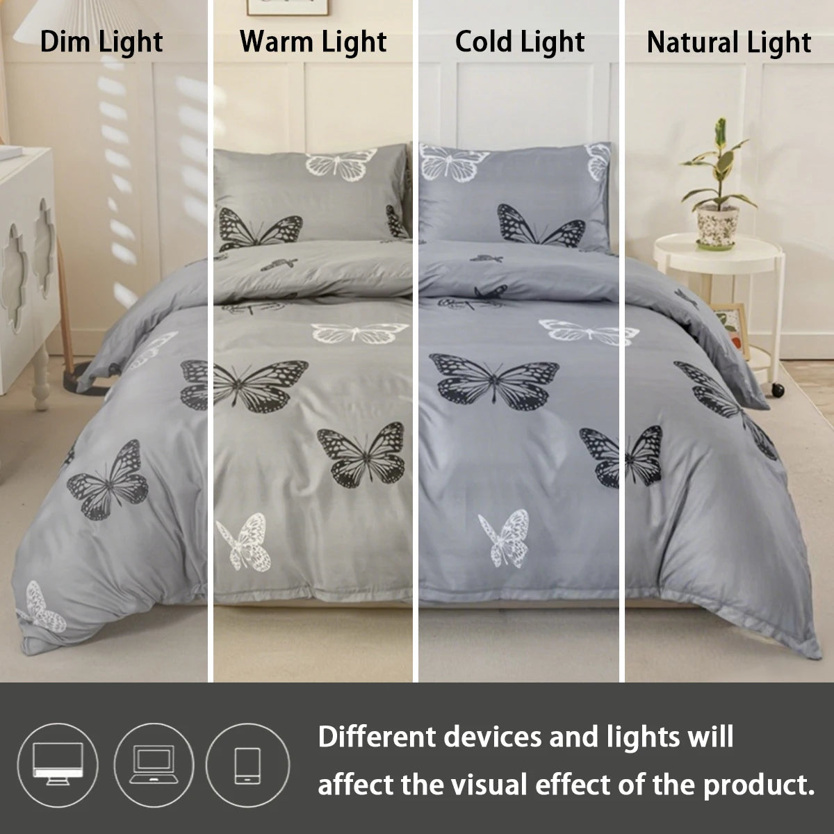 Butterfly print duvet cover set displayed under dim, warm, cold, and natural light settings.