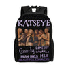 Black canvas backpack featuring a graphic design with the text KATSEYE and related names.
