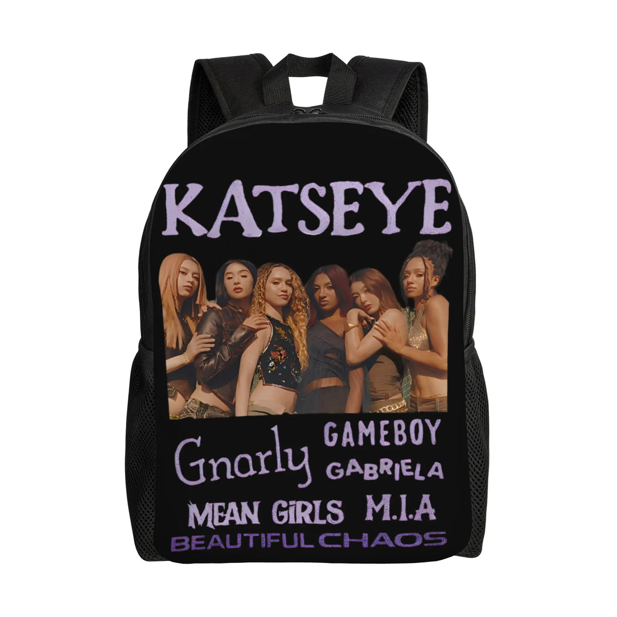 Black canvas backpack featuring a graphic design with the text KATSEYE and related names.