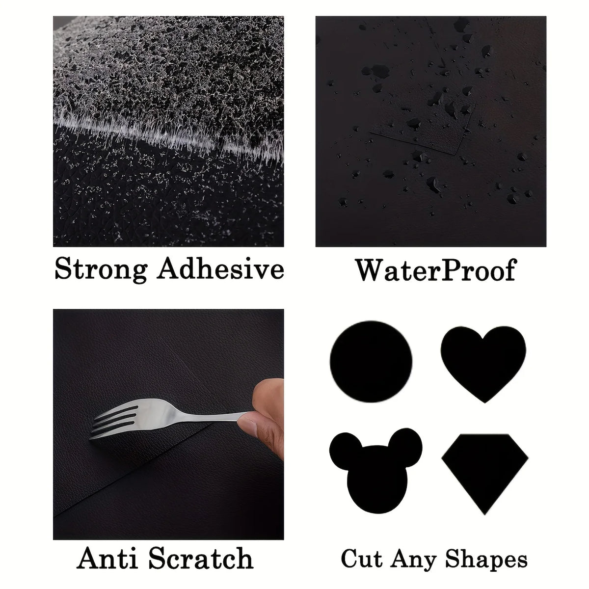 A set of heavy duty self-adhesive leather repair tape demonstrating strong adhesive, waterproof properties, anti-scratch feat