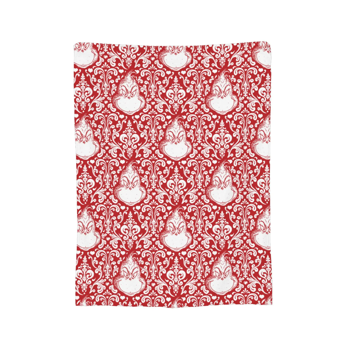 A red damask floral pattern on a plush coral fleece throw blanket.