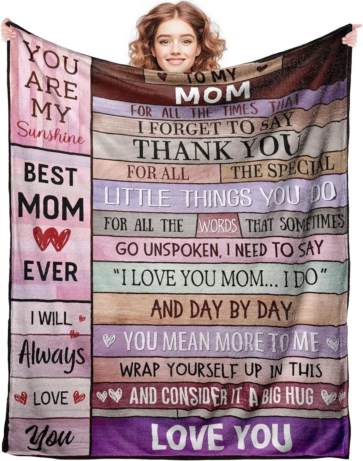 A soft printed throw blanket featuring text that says You Are My Sunshine Best Mom Ever I Will Always Love You Mom